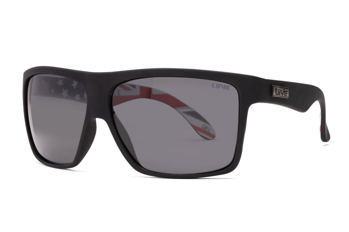Liive Hoy 4 Polar Oz Sunglasses feature large rectangular polarised lenses, “LIVIE” branding, and inner arms with the US flag on one side and UK flag on the other—delivering style and UV protection.
