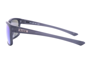 Side view of Liive Whip Mirror Sunglasses with a sleek design, dark gray polycarbonate frame embossed with "WHIP" and "Liive" on the left arm. The lenses offer UV protection and have a subtle reflective finish.