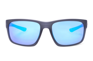 The Liive Whip Mirror Sunglasses feature a black, lightweight polycarbonate frame with blue-tinted optically correct lenses. The rectangular design includes visible blue temples and ensures full UV protection, all set against a plain white background.