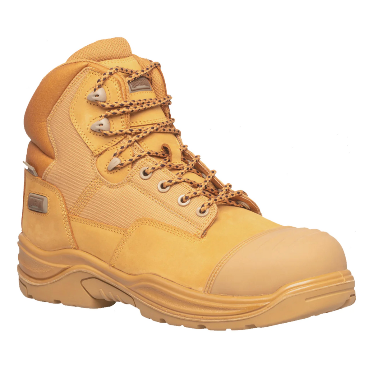 The Magnum Trademaster Lite Zip Sided Waterproof Safety Boot MTM150 is a tan, high-ankle work boot with a padded collar, metal eyelets, patterned laces, reinforced toe cap, and waterproof design for durability and protection.