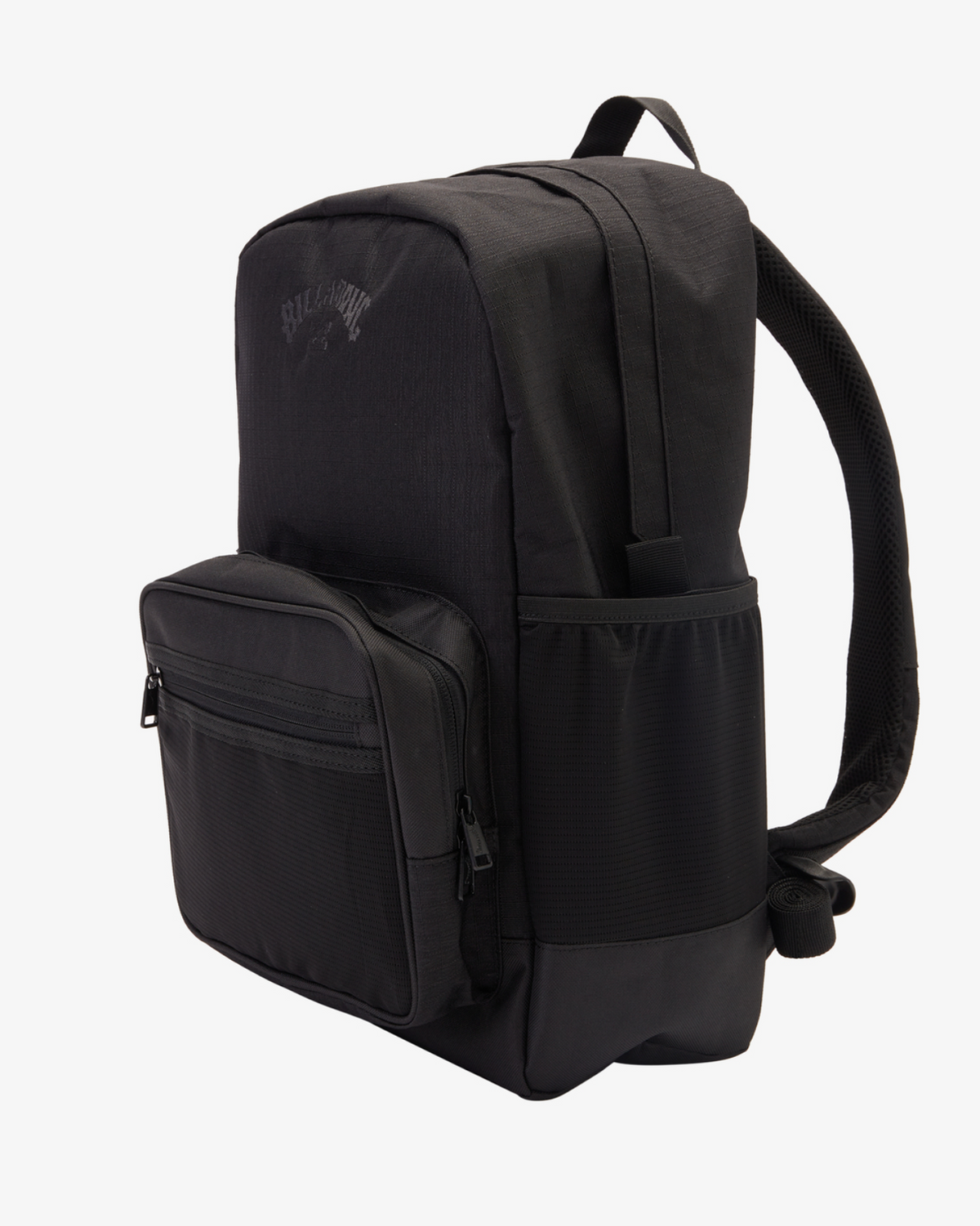 The Billabong All Day Plus 22L Backpack in black, made from recycled polyester, features a front zip pocket, side mesh pocket, and padded shoulder straps, shown in an angled side view on a white background.