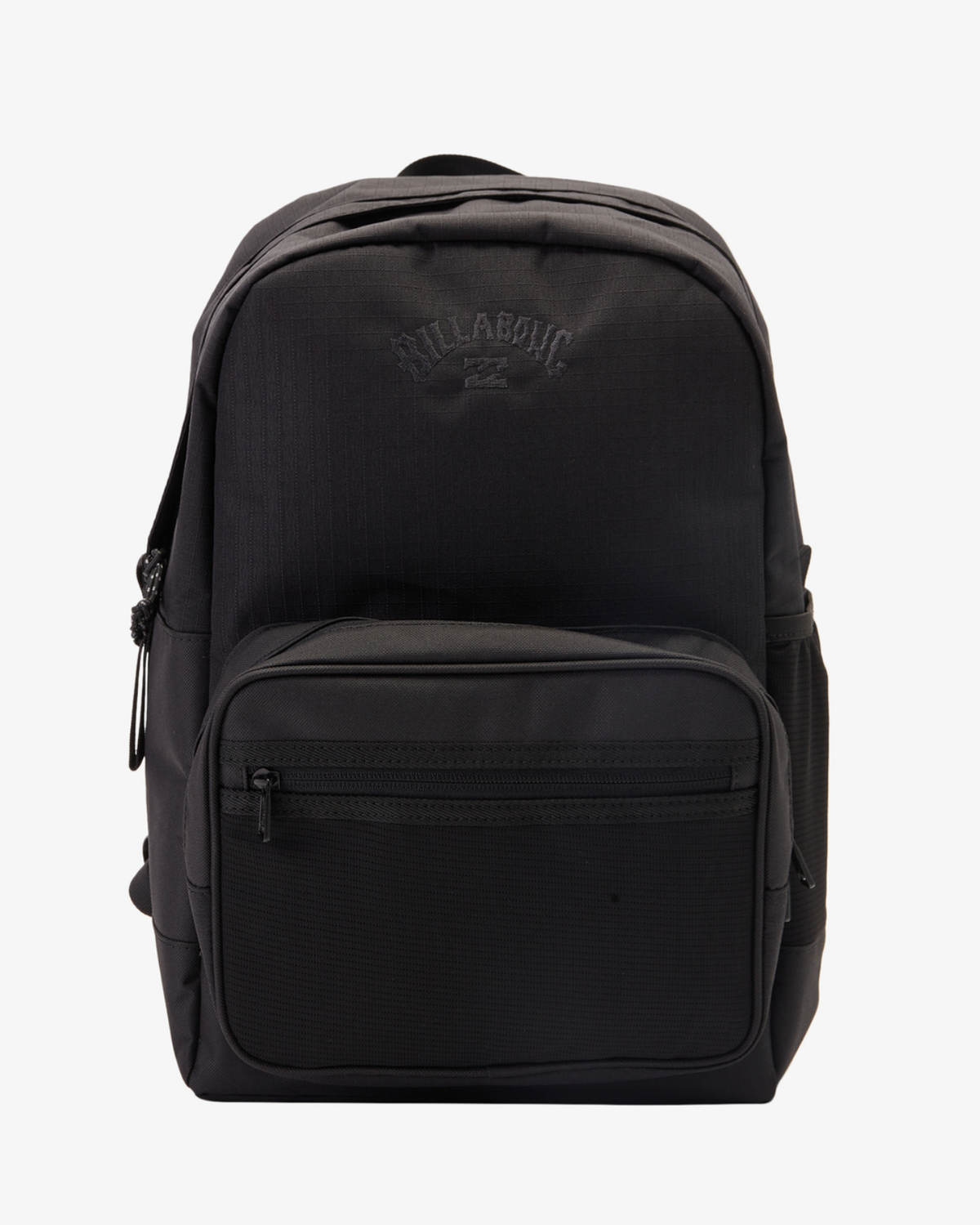 The Billabong All Day Plus 22L Backpack is black, made from recycled polyester, and features multiple zippered compartments—including a large main pocket and smaller front pocket—with the brand embroidered on top.