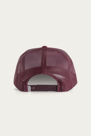 The Ringers Western Signature Bull Trucker Cap showcases a maroon mesh back and adjustable snapback closure, crafted from Cotton Twill, making it a stylish addition to any collection. Displayed against a plain background for emphasis.