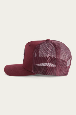 Side view of the maroon Ringers Western Signature Bull Trucker Cap featuring a solid cotton twill front, mesh back, curved brim, and adjustable strap.