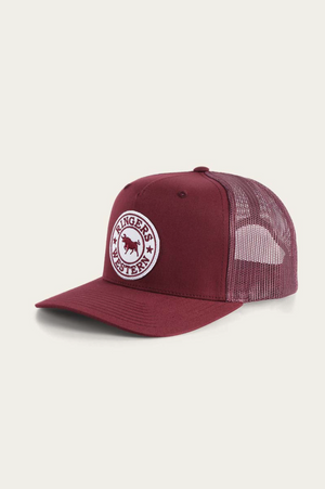 The Ringers Western Signature Bull Trucker Cap blends style and function with a maroon cotton twill front, mesh back, and curved brim. A circular patch features the "Ringers Western" logo and striking bull silhouette against a light background.