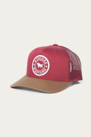 The Ringers Western Signature Bull Trucker Cap sports a maroon and brown design with a breathable mesh back, featuring a white circular logo with a horse and "Ringers Western." It includes an adjustable strap for the perfect fit.