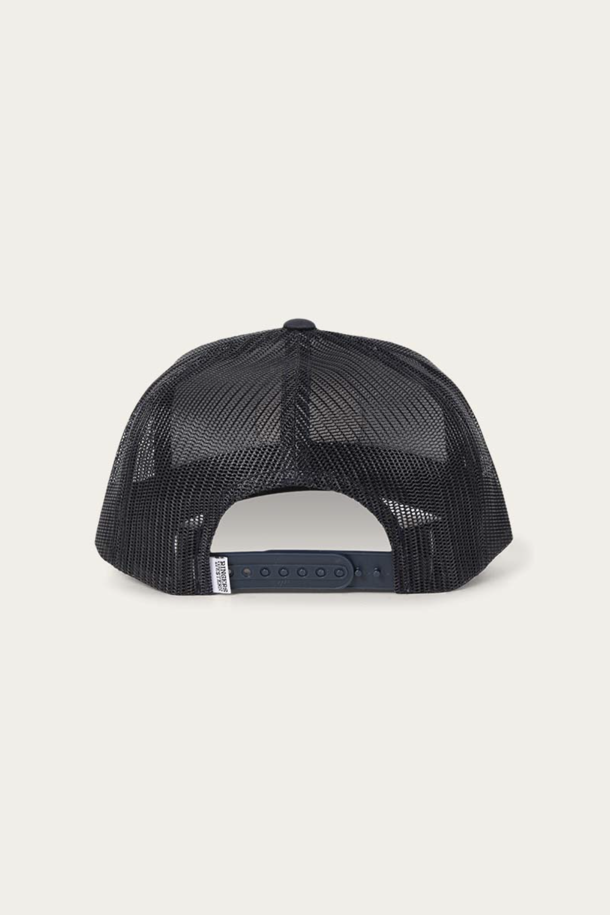 A navy blue Ringers Western Signature Bull Trucker Cap shown from the back, with an adjustable snapback closure and a white brand tag on the left side. Made with breathable mesh and durable cotton twill for comfort and style.