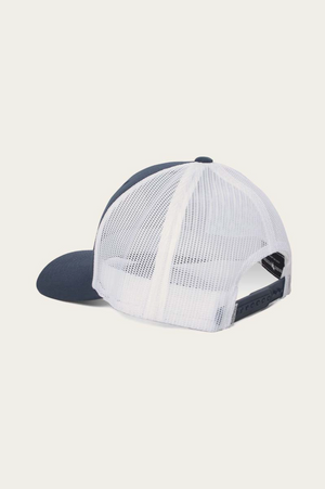 The Ringers Western Signature Bull Trucker Cap is a stylish blue cap with a mesh back for breathability, an adjustable snapback closure, and a durable cotton twill front panel. The rest of the cap features classic white mesh for enhanced comfort.