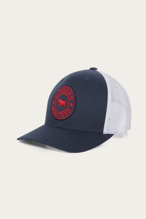 The Ringers Western Signature Bull Trucker Cap is a navy and white hat with a breathable mesh back, featuring a red embroidered bull logo and "Ringers Western" text in a circular design, crafted from durable cotton twill.