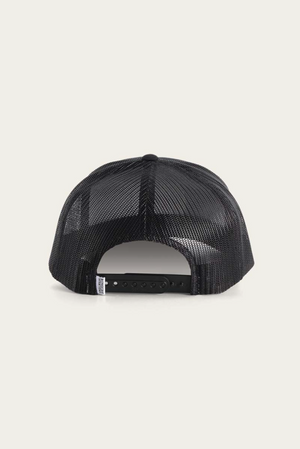 The Ringers Western Signature Bull Trucker Cap, in black and viewed from behind, features an adjustable snapback strap and mesh back. Set against a plain white background, this stylish cap blends classic design with functionality.