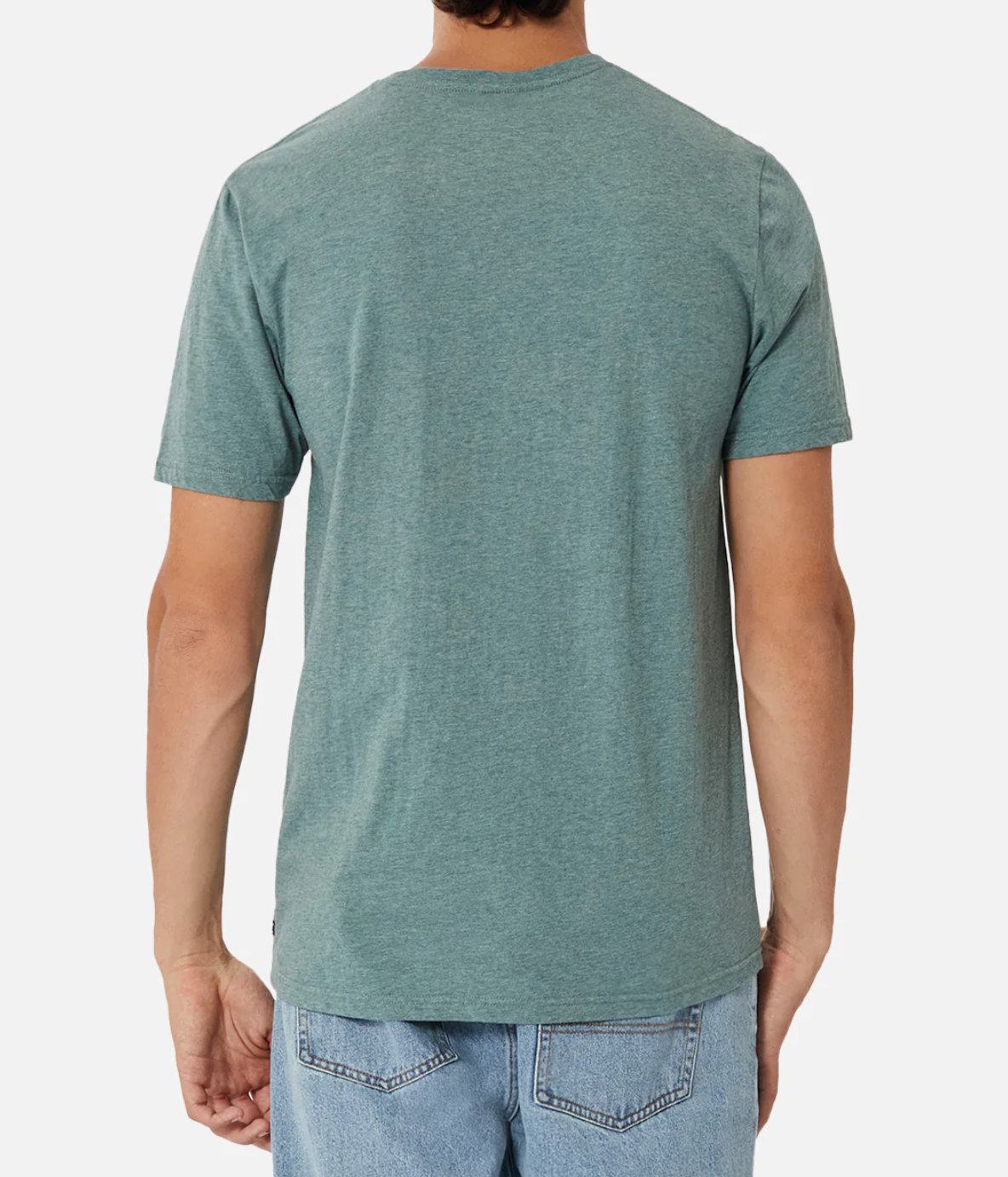 A person is seen from the back wearing a short-sleeved, light teal Industrie The Basic Crew Tee (100% cotton) and light blue jeans, set against a plain white background to highlight this comfortable everyday staple.