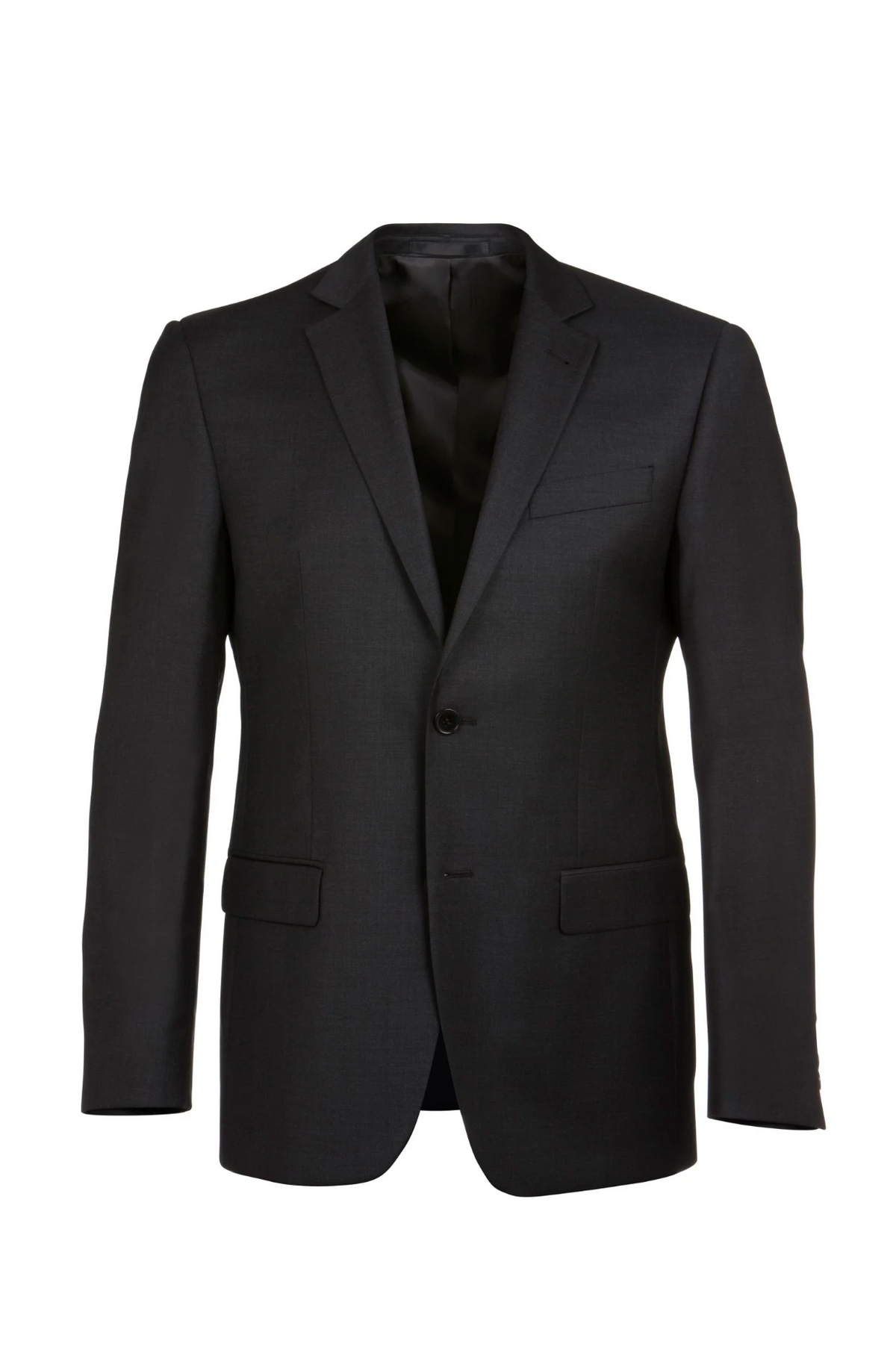 The Boston Michel Jacket, showcased against a white background, exhibits a refined black design. Expertly tailored from luxurious Australian Merino Wool, this blazer features a classic fit with a notched lapel, single-breasted construction, and flap pockets on both sides. The jacket is styled unbuttoned to reveal its matching black lining inside for an optimal comfort fit.