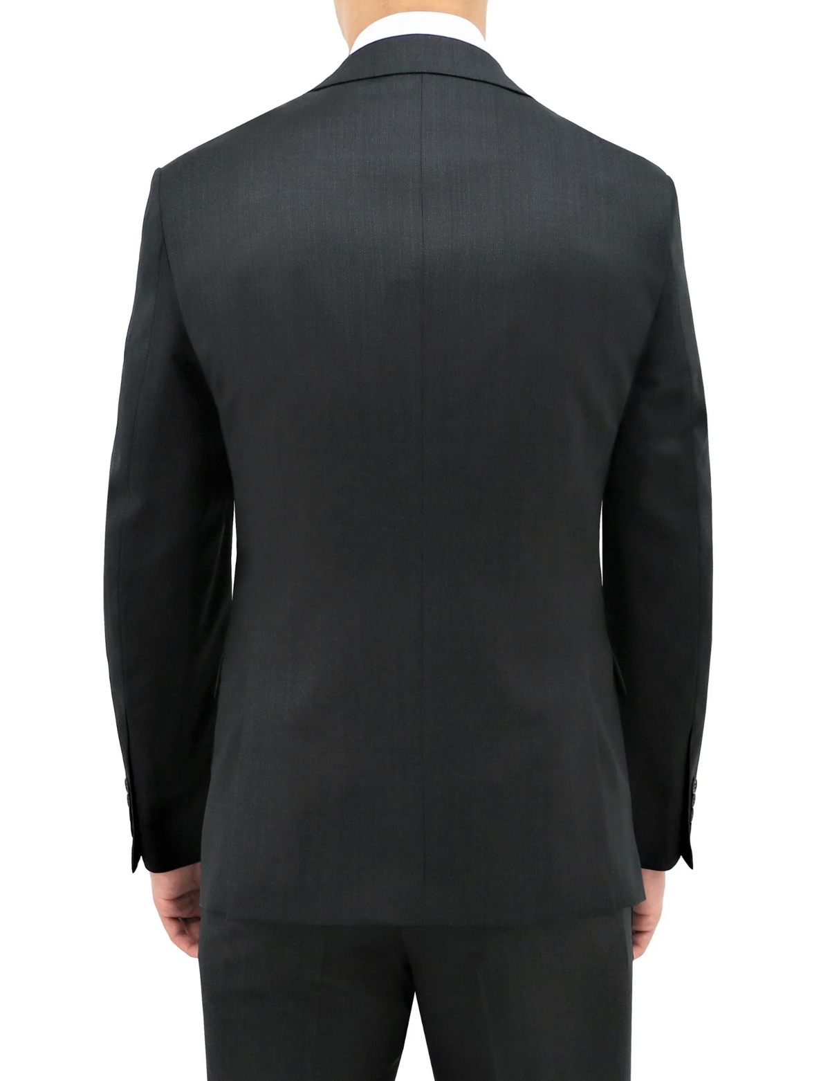 A person wearing a dark Boston Michel Jacket and matching pants, viewed from the back. The 100% Australian Merino Wool jacket is well-fitted with a smooth finish, and the person's hands are resting down by their sides against a plain white background.