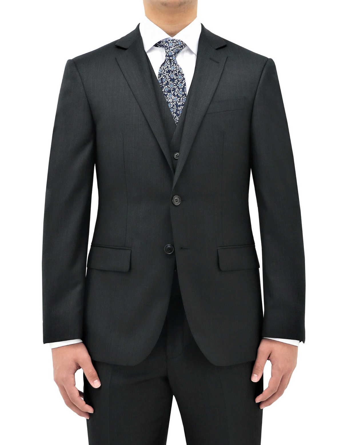 A man stands with his hands resting naturally by his sides, dressed in a black, well-tailored Boston Michel Jacket made from 100% Australian Merino Wool. The suit jacket is buttoned, offering a comfort fit, and he isn't wearing any accessories or visible jewelry. The background is plain white.