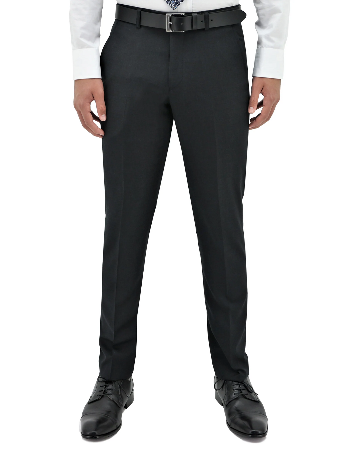 A person standing and wearing dark Boston Lyon Trousers, a white dress shirt, a black belt, and black dress shoes. The image is cropped to show the individual from the shoulders to the feet. The Boston Lyon Trouser offers a comfy fit while maintaining a formal look.