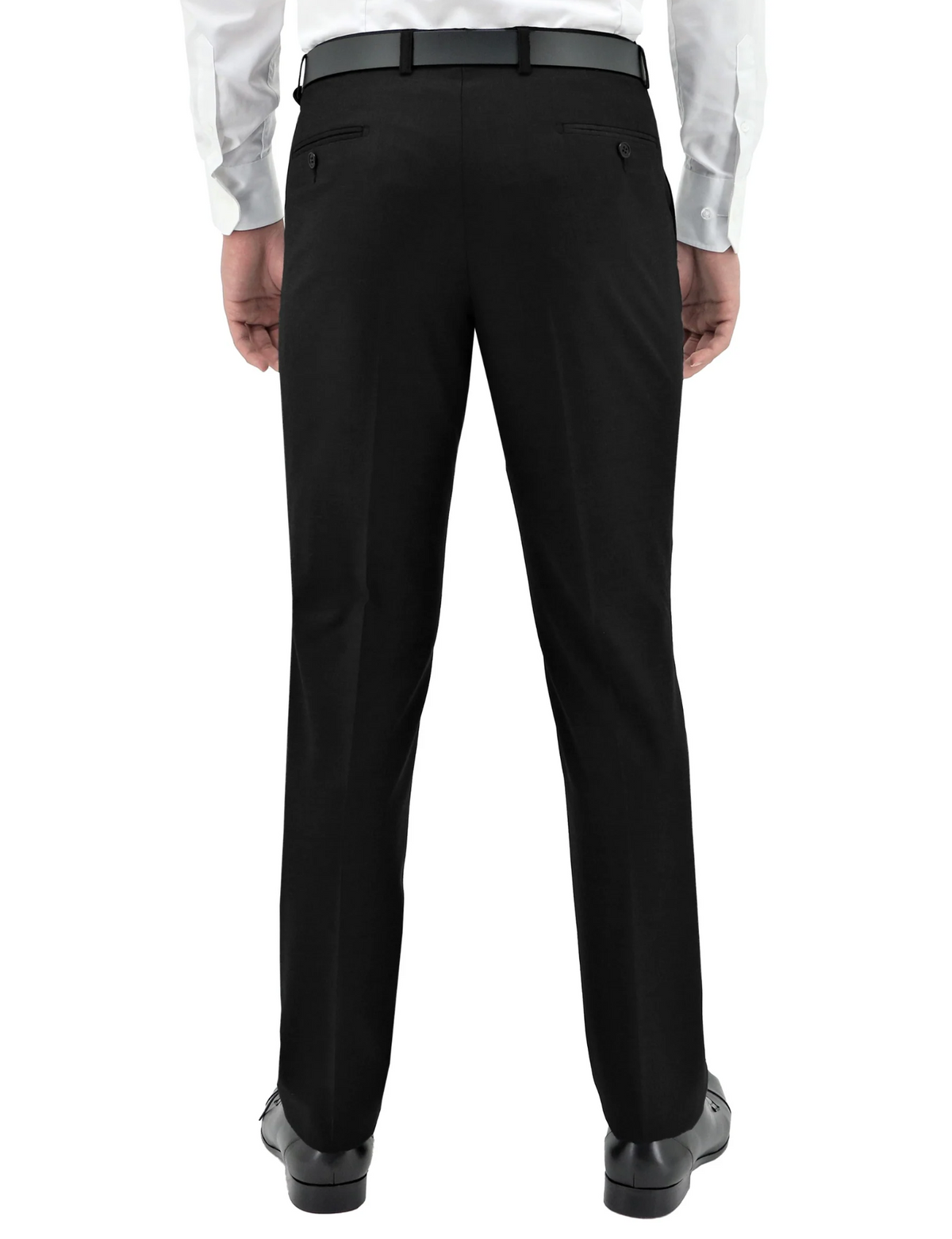 A person wearing black Boston Lyon Trousers viewed from the back, paired with a white long-sleeve dress shirt tucked in. The trousers, crafted from Australian Merino Wool for a comfortable fit, feature belt loops, a black belt, and buttoned back pockets. The person is also wearing black dress shoes.