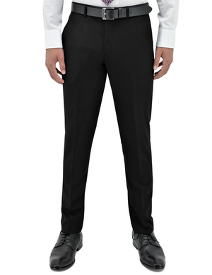 A person is dressed in black Boston Lyon Trousers, a white long-sleeve shirt, and black dress shoes. Standing upright with hands by their sides, the outfit made from quality Australian Merino Wool offers a comfy fit, suitable for business or formal occasions.