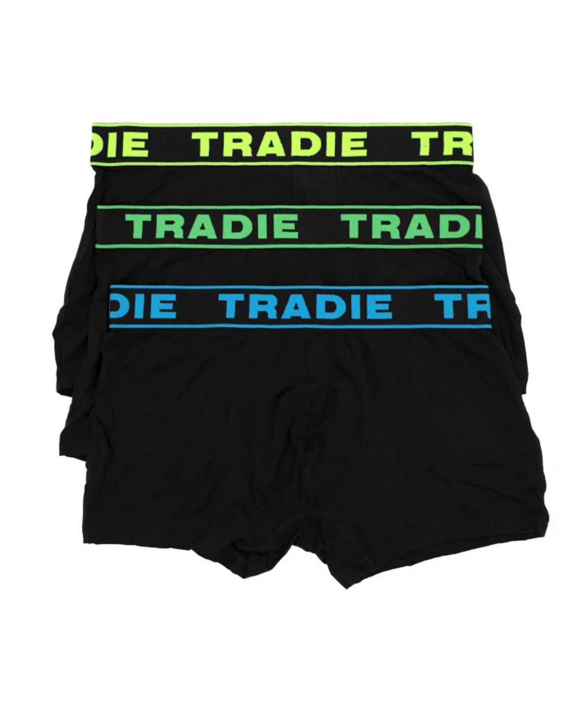 Three pairs of black Tradie Mens 3PK Bamboo Fitted Trunk, each with a bold elastic waistband in yellow, green, or blue and "TRADIE" printed in large letters across the band.