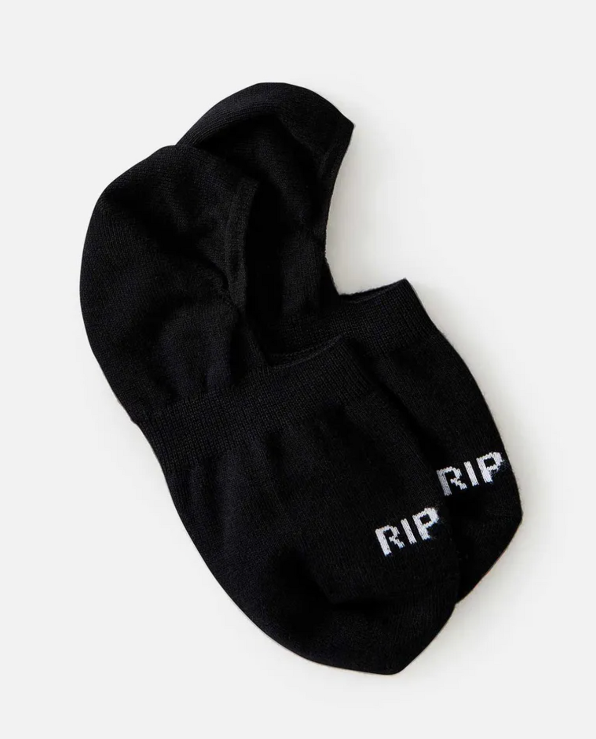 Two black Rip Curl Women's Invisible Socks are on a white background, each with "RIP" in white on the cuff. They feature an inner heel silicon grip for comfort and security, blending style with practicality.
