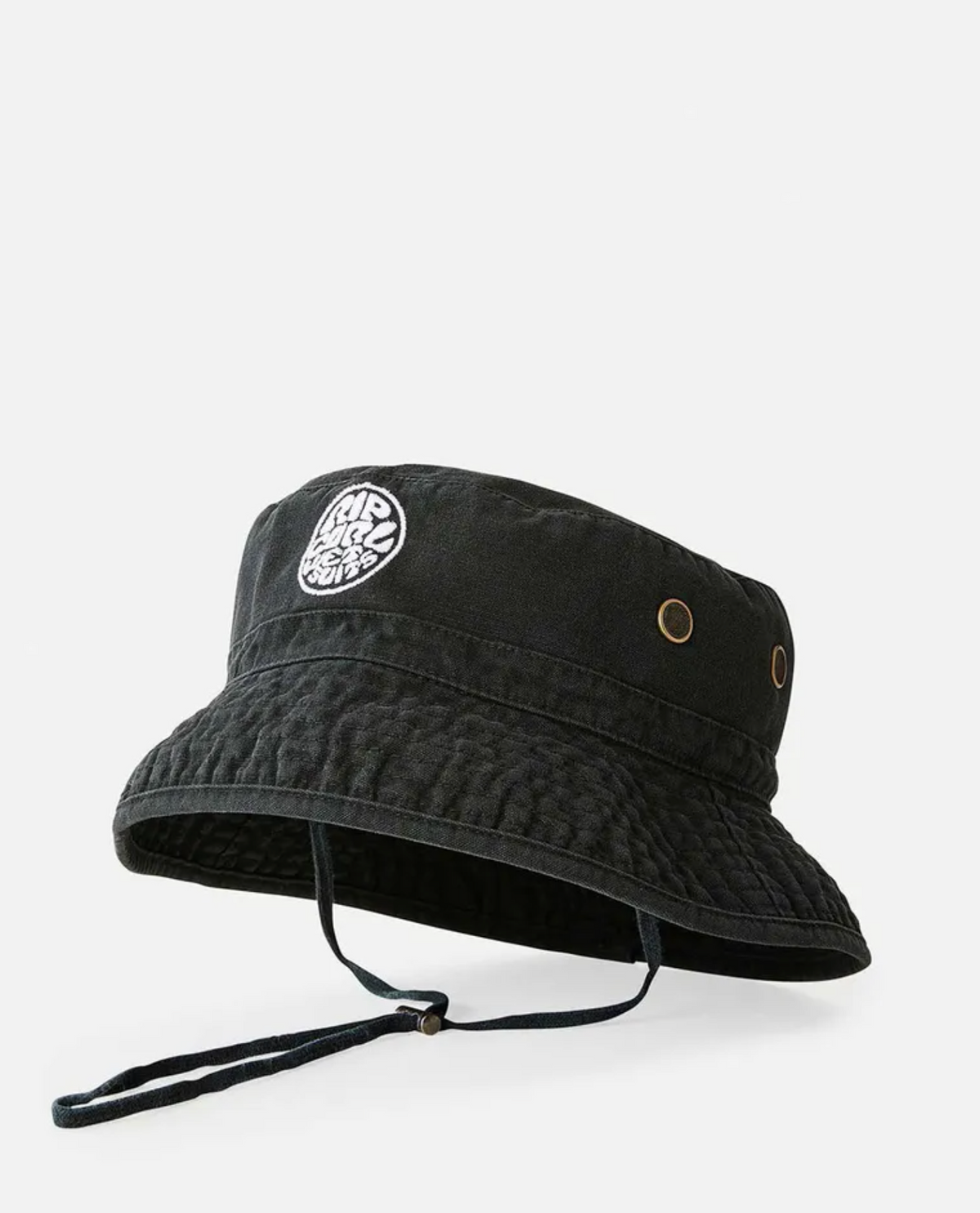 The Rip Curl Wetsuit Icon Mid Brim Hat is black with a chin strap, metal side eyelets, and a round white embroidered patch of the Wetsuit Icon on the front. Shown against a plain white background.