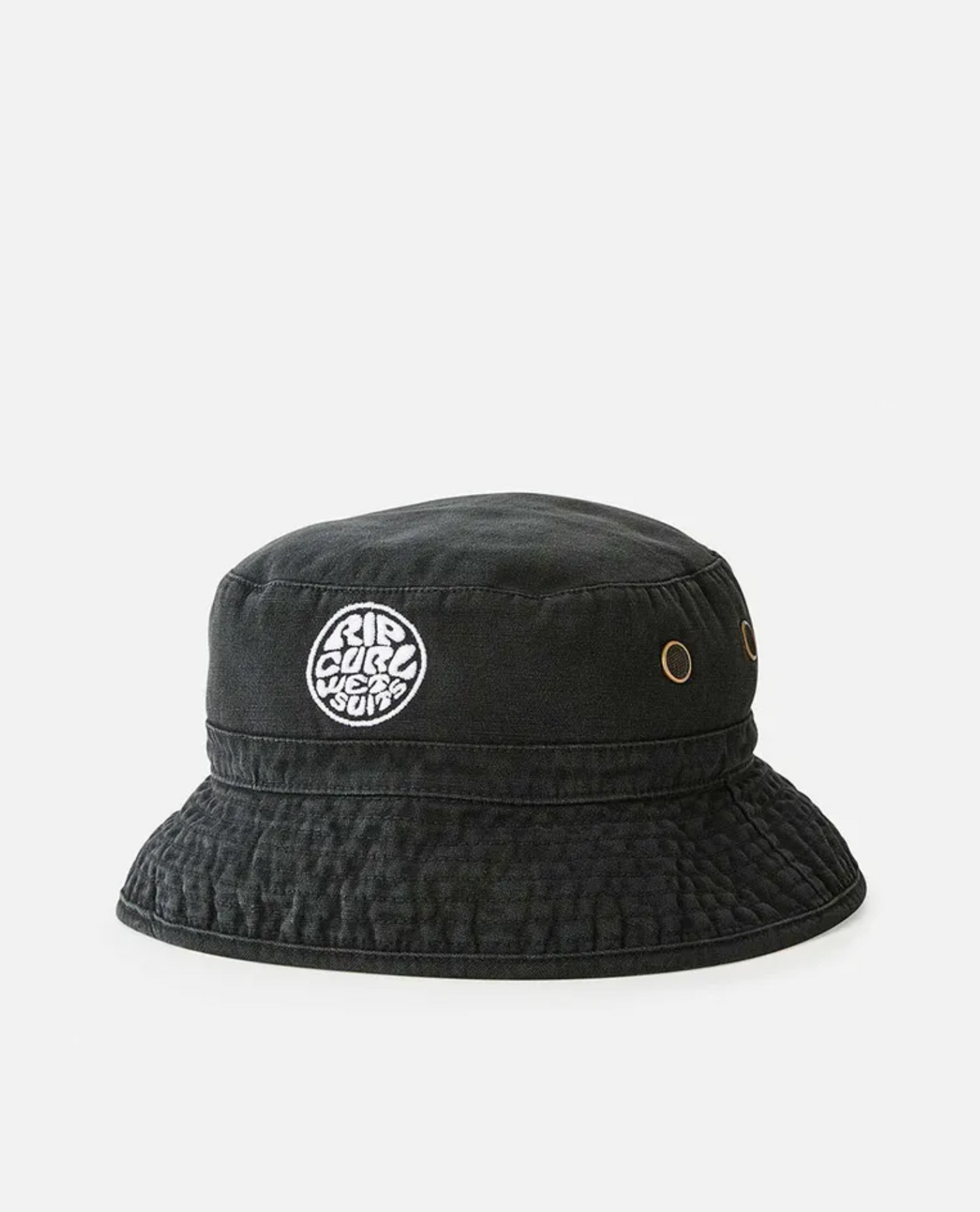 The Rip Curl Wetsuit Icon Mid Brim Hat is black, featuring a round white embroidered Wetsuit Icon logo on the front and two gold eyelets on each side, shown against a plain white background.