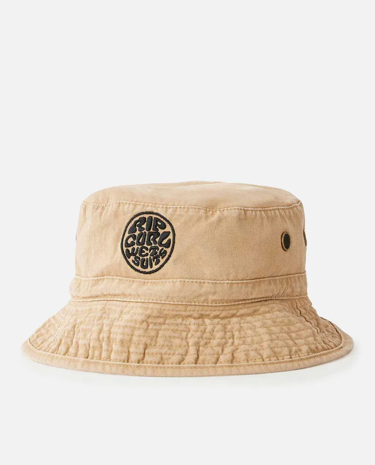 The Rip Curl Wetsuit Icon Mid Brim Hat is beige with a circular black front patch reading "RIP CURL WEST SUN," metal side eyelets, and visible stitching along the brim.