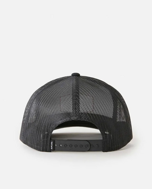 The Rip Curl Marker Curve Trucker features a black mesh design, an embroidered patch logo on the front, and an adjustable snapback closure at the back.