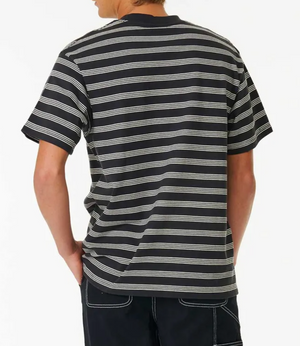 A person faces away from the camera wearing the Rip Curl Quality Surf Products Stripe Tee with white stripes and dark pants, set against a plain white background—ideal for fans of surf style and casual comfort.