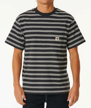 A person wears a short-sleeved, black Rip Curl Quality Surf Products Stripe Tee with white horizontal stripes and a small chest pocket against a plain background.
