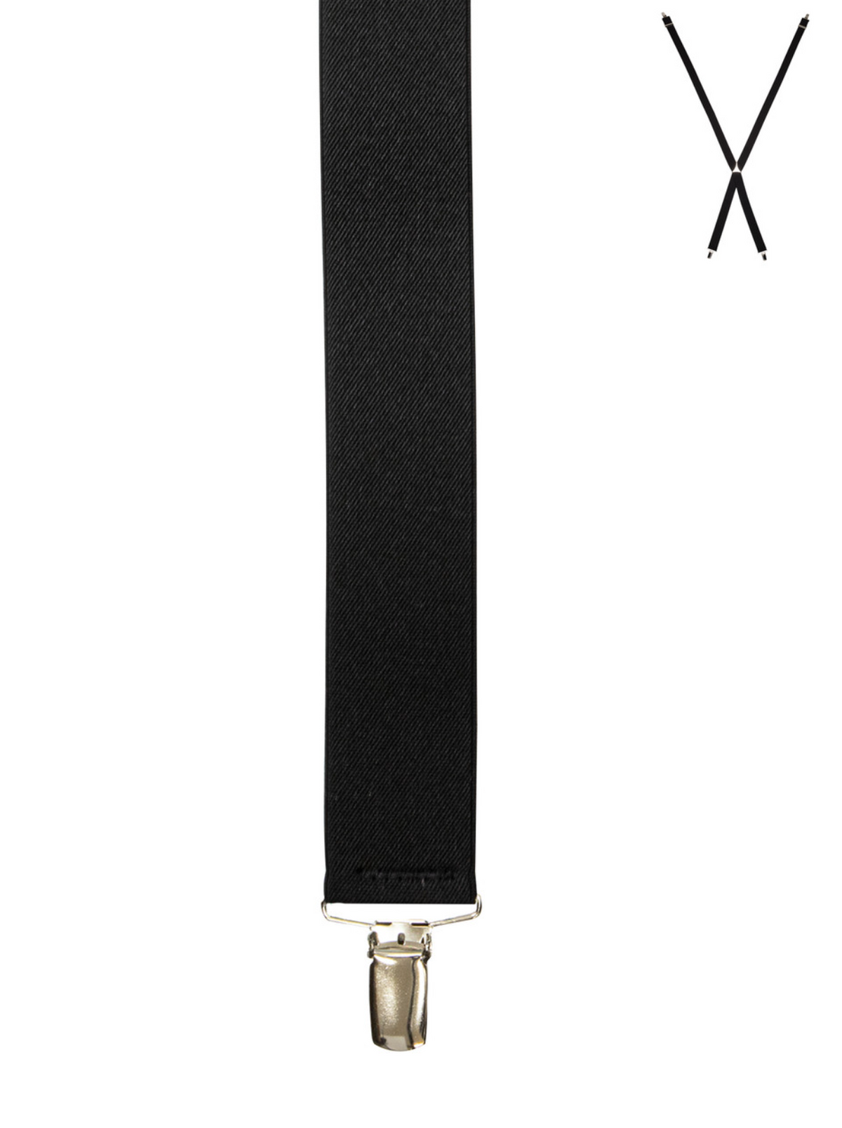 A close-up view of Buckle Plain Braces featuring high-quality black clasps at the bottom. In the top right corner, the plain braces are extended into an X shape, illustrating how they cross at the back when worn. The image is set against a plain white background.