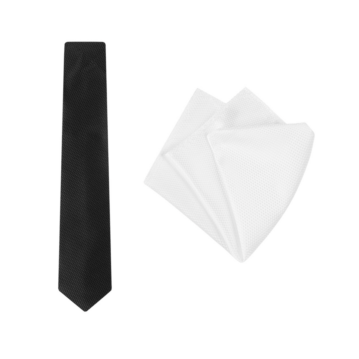 The Buckle Tie Carbon Pocket Square set, featuring a black textured necktie with a sleek carbon design and a folded white pocket square with a subtle pattern, are displayed side by side on a plain white background.