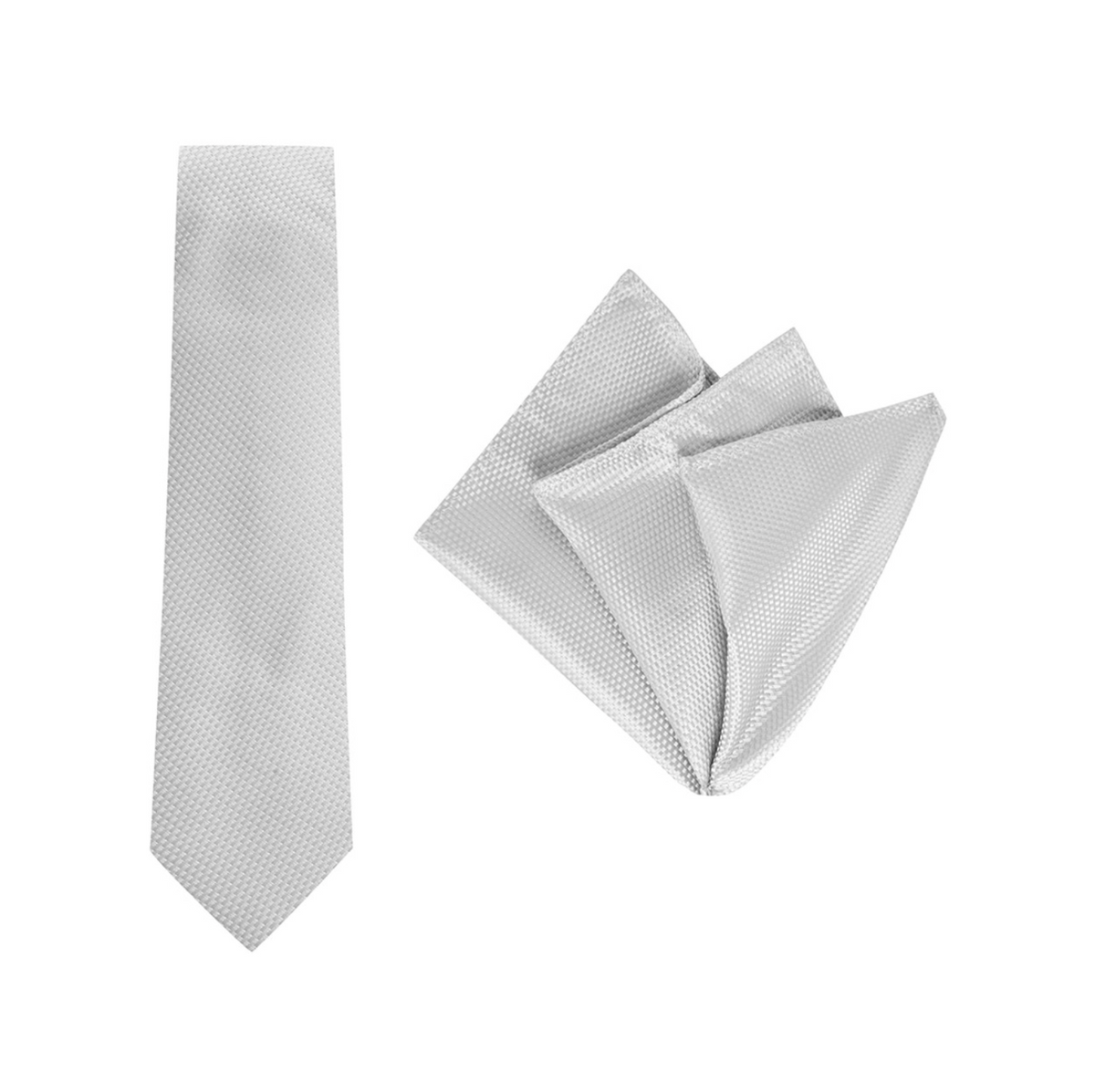 The Buckle Tie Carbon Pocket Square set, featuring a subtle dotted pattern on a silver background, enhances any men's accessory collection.