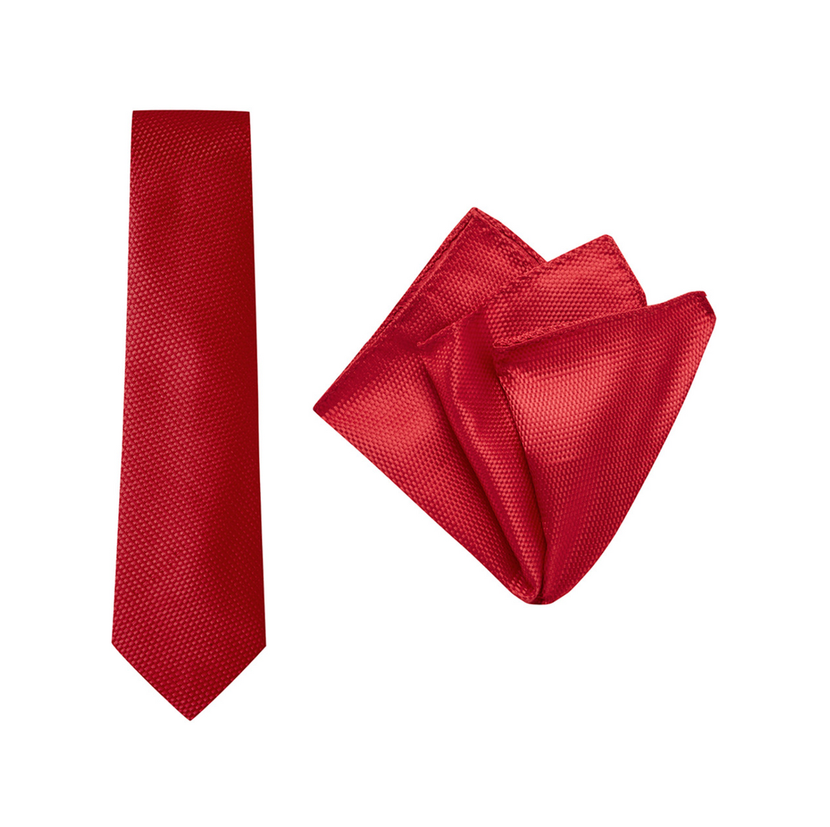 The Buckle Tie Carbon Pocket Square set, featuring a red textured tie and matching pocket square, is displayed side by side on a white background—an ideal men's wardrobe accessory.