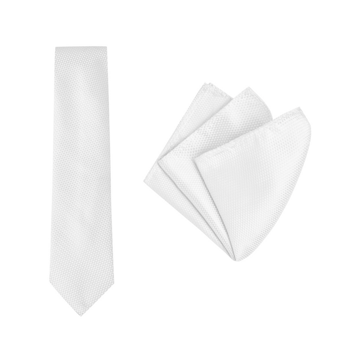 The Buckle Tie Carbon Pocket Square set, featuring a textured white necktie and matching pocket square, essential for a sophisticated men's wardrobe, is showcased on a white background. The tie lies flat on the left, while the triangular-folded pocket square sits elegantly on the right.