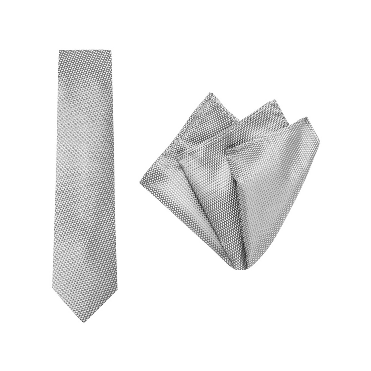The Buckle Tie Carbon Pocket Square set is a wardrobe essential, featuring a silver checkered tie on white and a geometric pocket square with a refined carbon pattern.