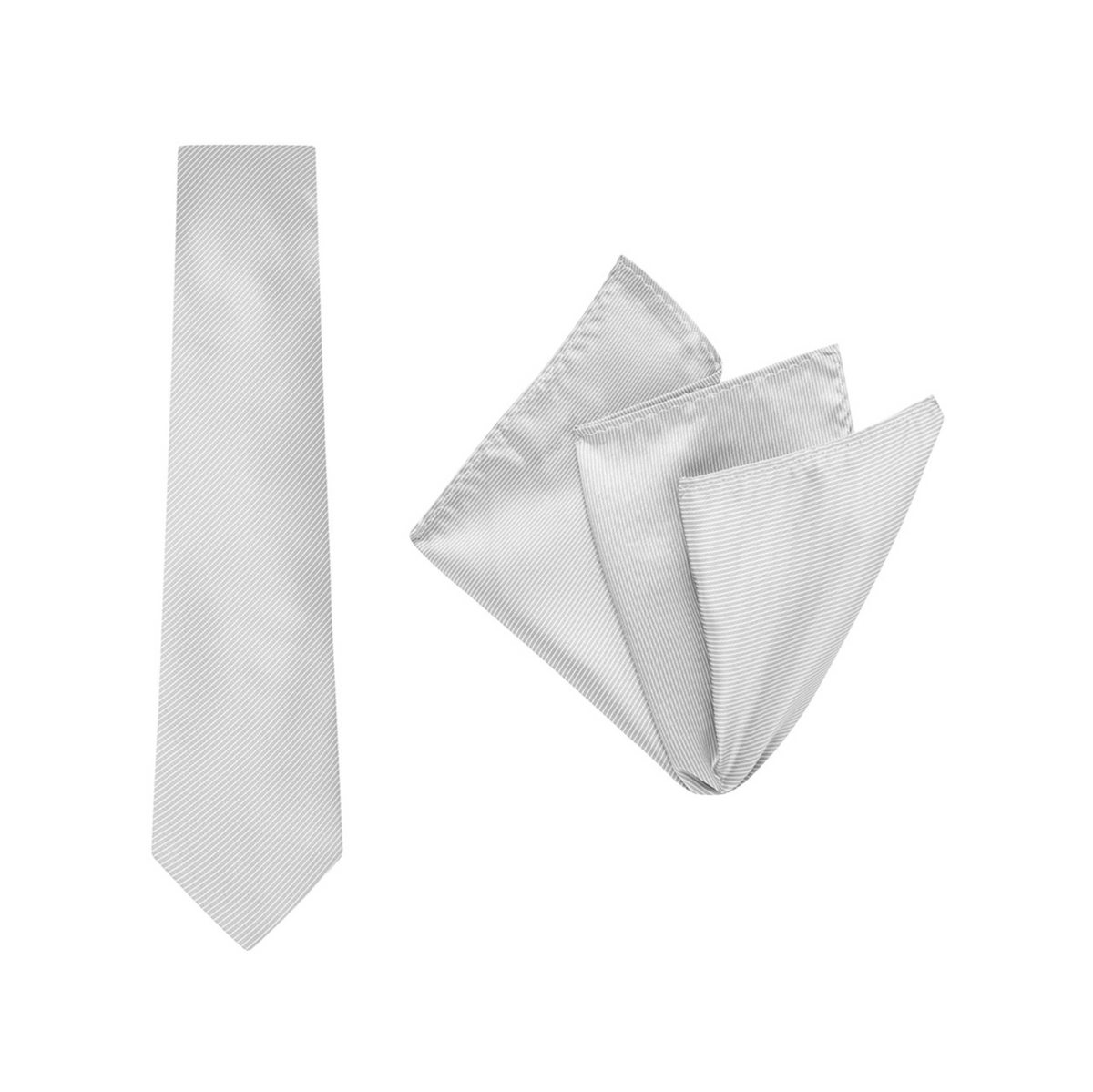 The Buckle Tie Pinst Pocket Square set, featuring a subtle pinstripe design, is displayed on a white background. The silver textured necktie is neatly laid out alongside the folded pocket square with pointed edges, ideal as men's wardrobe accessories.