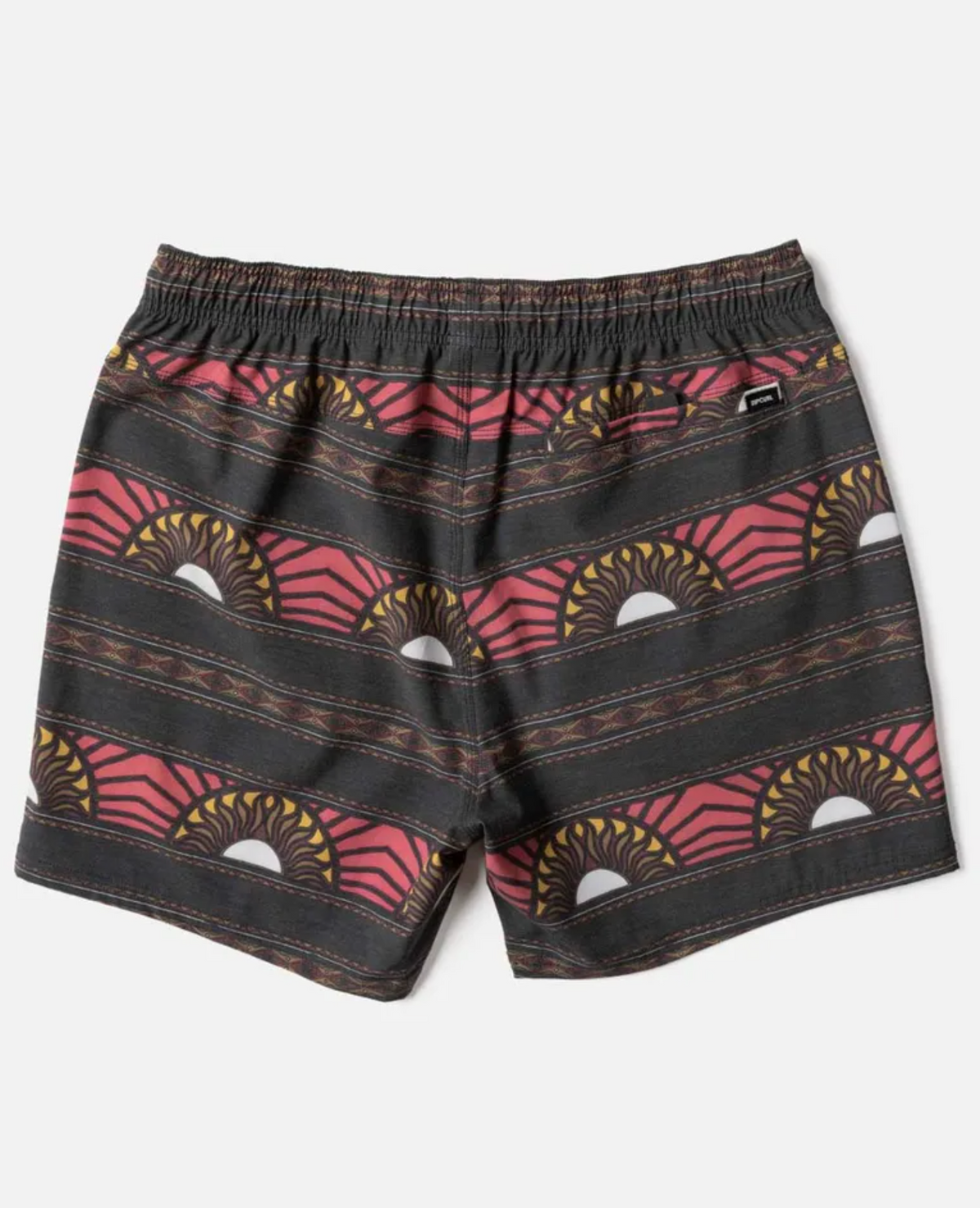 The Rip Curl Party Pack Volley men's swim trunks feature a drawstring waist, quick-dry fabric, and stylish red, yellow, black, and white horizontal stripes inspired by sunrises or sunsets.