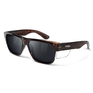 SafeStyle Fusions sunglasses feature a brown tortoiseshell frame with thick, rectangular design, polarised dark lenses for UV protection, a subtle metallic accent near the hinges, and "Solar Style" in white script on the arm.