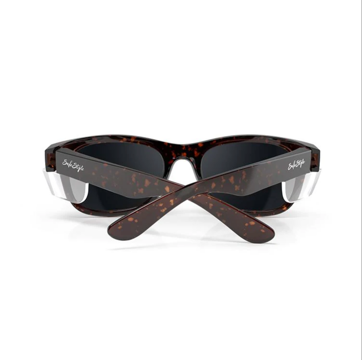 The SafeStyle Classics sunglasses feature a dark tortoiseshell frame with crossed arms, a glossy finish, silver branding on the temples, and offer UV protection. They are presented against a plain white background.