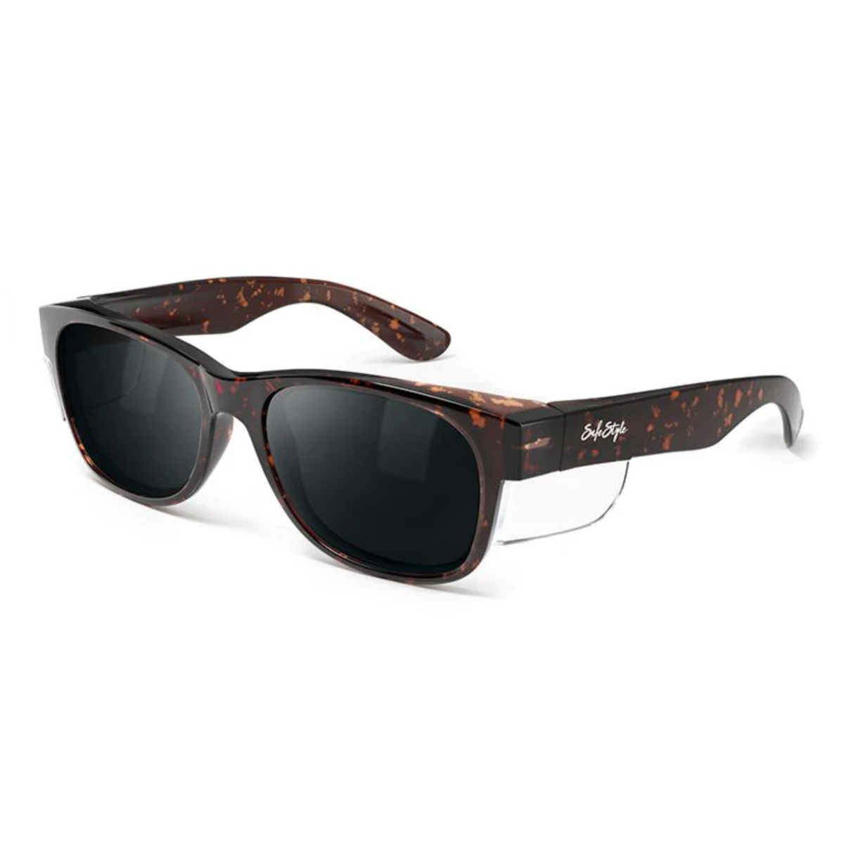 The SafeStyle Classics sunglasses come with a brown tort frame, dark polarised lenses for enhanced UV protection, and feature a signature on the arm.