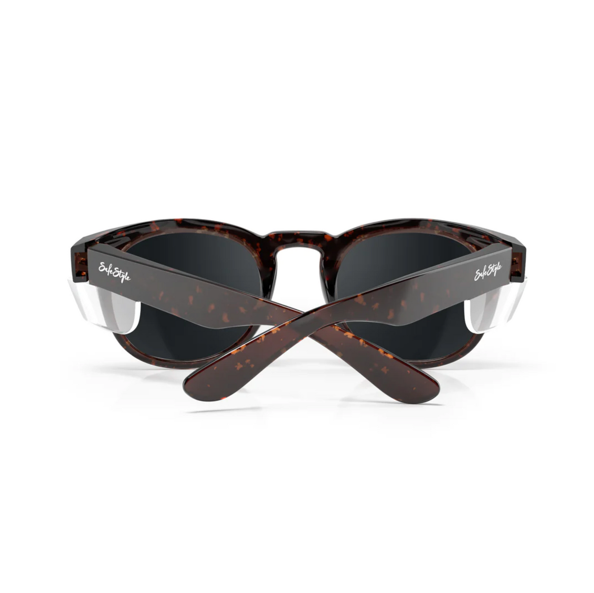 The SafeStyle Cruisers Brown Tort Frame Polarised Lens sunglasses feature thick polycarbonate frames, dark polarised lenses, silver-accented arms, and a white signature logo near the hinges for a stylish finish.