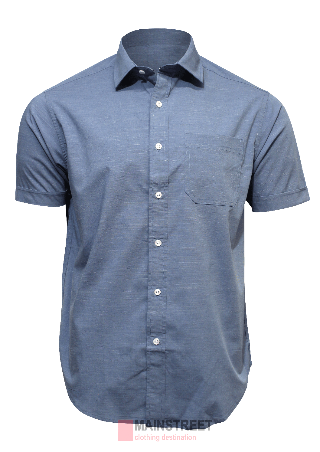 Introducing our Back Bay Bamboo Soft Touch Short Sleeve Shirt: a stylish blue button-up with elegant white buttons, a crisp collar, and a single chest pocket, embodying comfort and style. Proudly labeled "Mainstreet clothing destination.