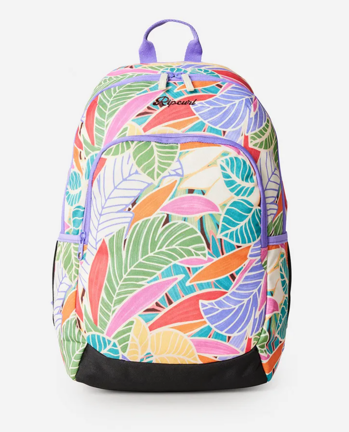 The Rip Curl Ozone 2.0 30L Backpack is a colorful pack with a green, pink, purple, orange, and blue tropical leaf print on recycled polyester. It features front and side pockets, a laptop section, and a sturdy black bottom.