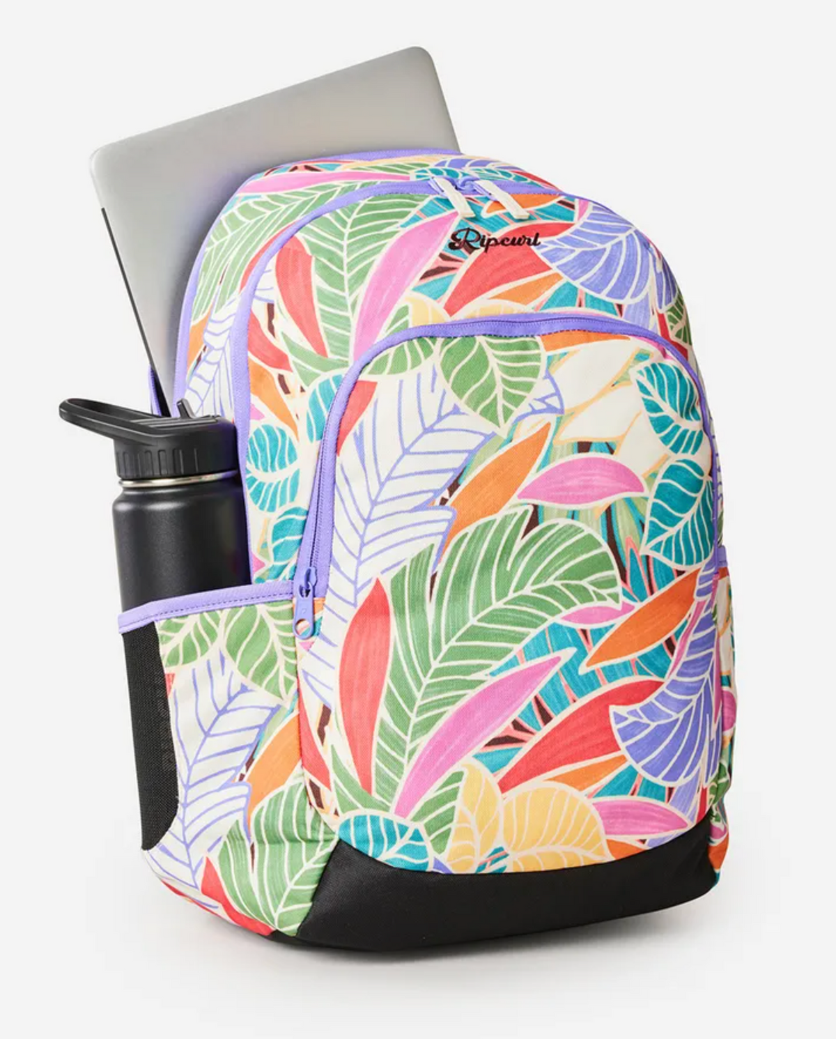 The Rip Curl Ozone 2.0 30L Backpack, made from recycled polyester, showcases a vibrant tropical leaf design, includes a laptop compartment for your silver device, and has a side pocket for your black water bottle.