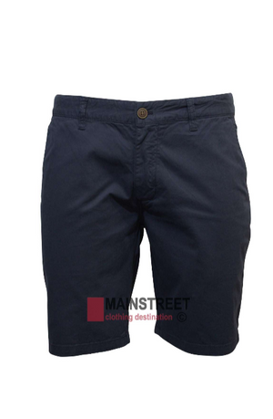 Hechter Lucas Stretch Cotton Short in navy blue for men, featuring a button and zip closure, side pockets, and a knee-length cut. Displayed on white background with "MANSTREET clothing destination" logo for a stylish, comfortable fit.