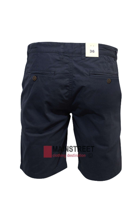The Hechter Lucas Stretch Cotton Short in navy blue is shown from the back, with two buttoned welt pockets, a "36" size tag on the waistband, and a partly visible MAINSTREET logo for a stylish, comfortable fit.