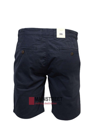 The Hechter Lucas Stretch Cotton Short in navy blue is shown from the back, with two buttoned welt pockets, a "36" size tag on the waistband, and a partly visible MAINSTREET logo for a stylish, comfortable fit.