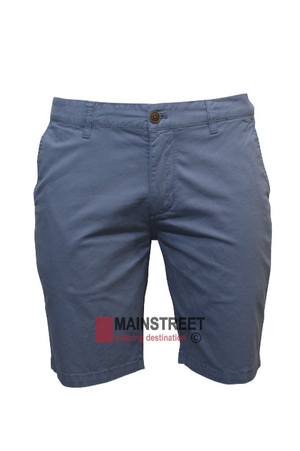 The Hechter Lucas Stretch Cotton Short for men offers a comfortable fit with front pockets, belt loops, and a button closure. Crafted from stretch cotton in blue. The "MAINSTREET clothing destination" logo is displayed near the bottom center.