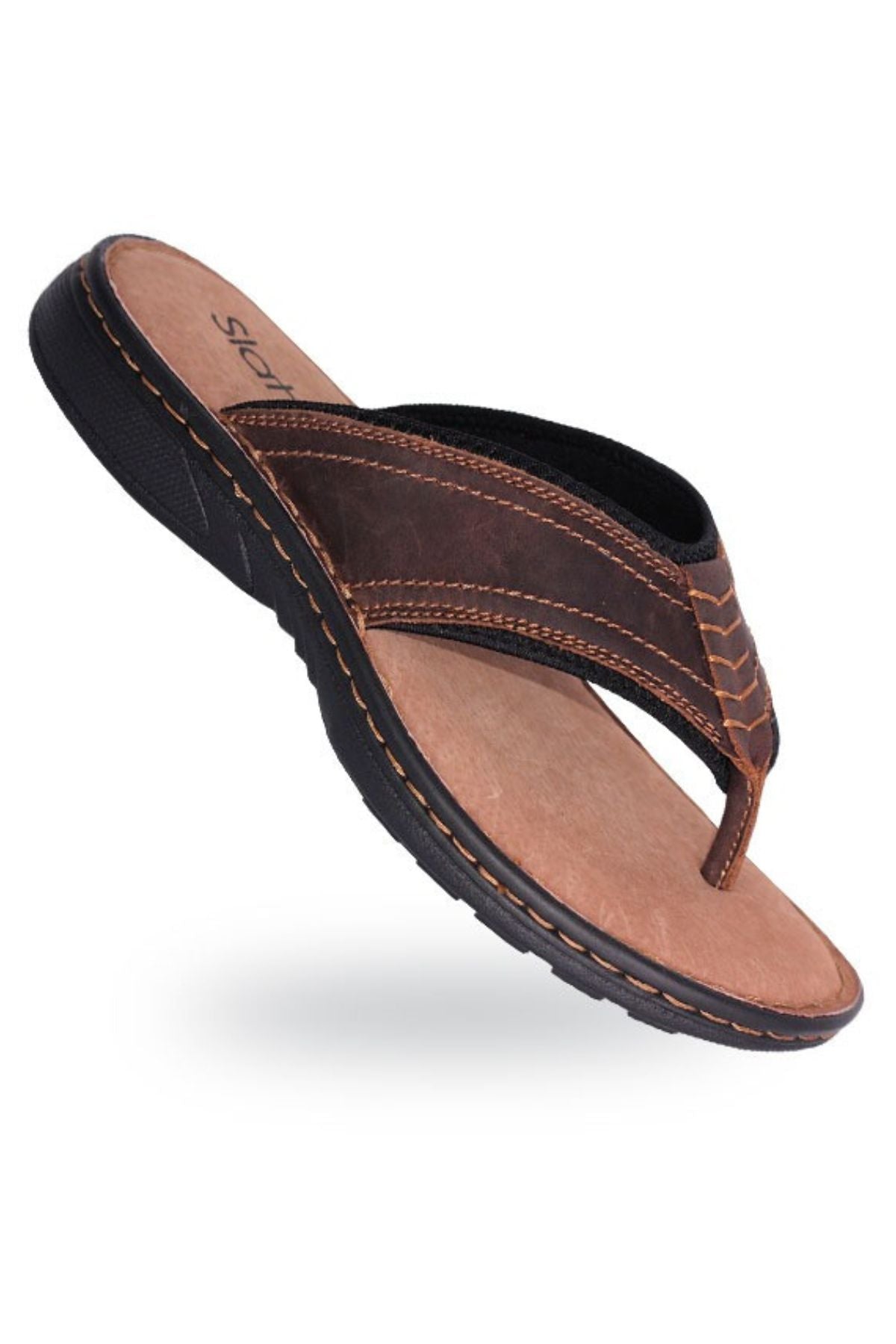 The Slatters Kyte sandal, boasting a brown oily leather upper and a black sole with contrast stitching, provides both comfort and style. Its sleek design is highlighted as it rests slightly tilted against a white background.
