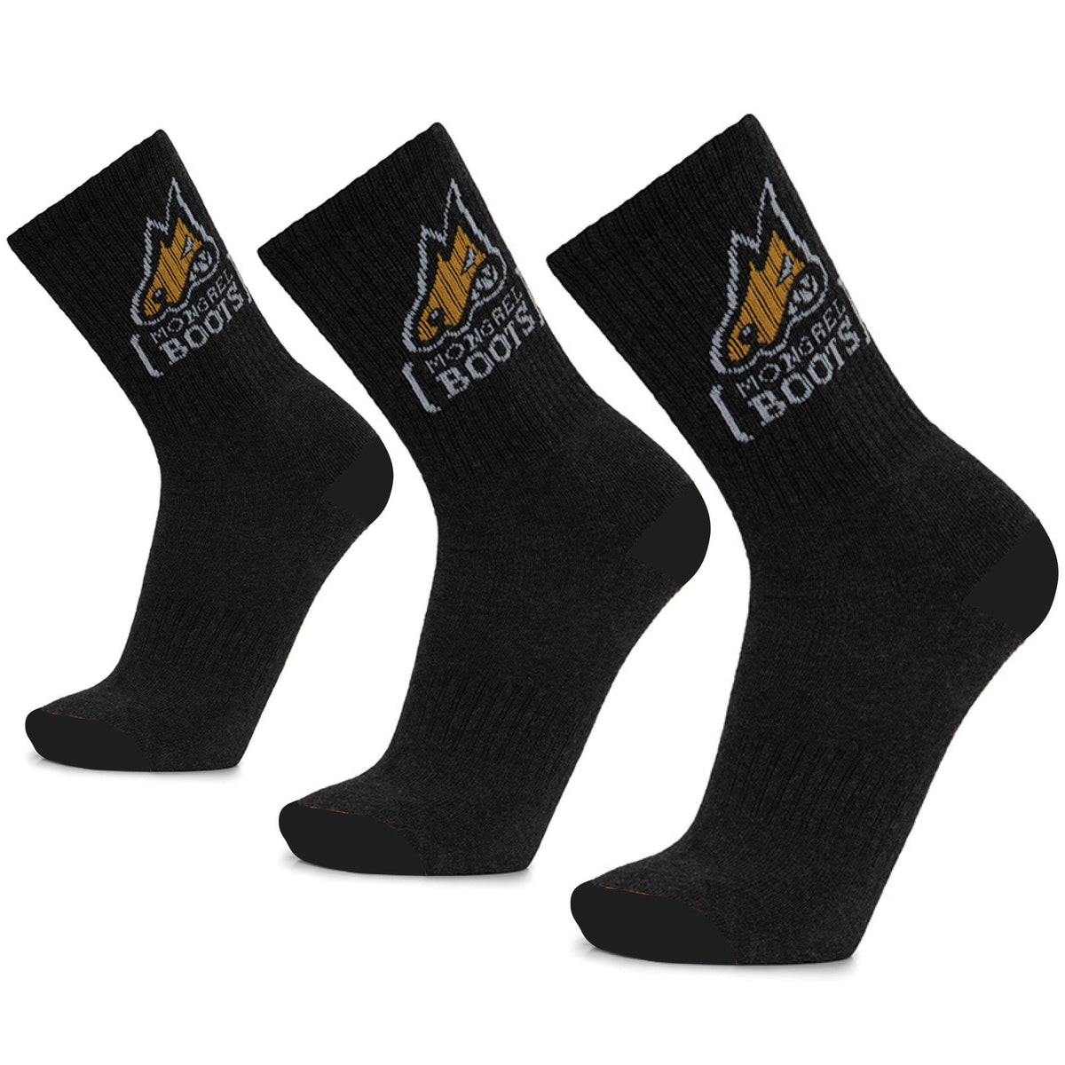 The Mongrel 3 Pack Bamboo Socks includes three pairs of black crew socks with reinforced toes and heels, yellow and white Mongrel logo, “MOUNTAIN BOOTS” on the cuffs, made from comfortable bamboo fabric.